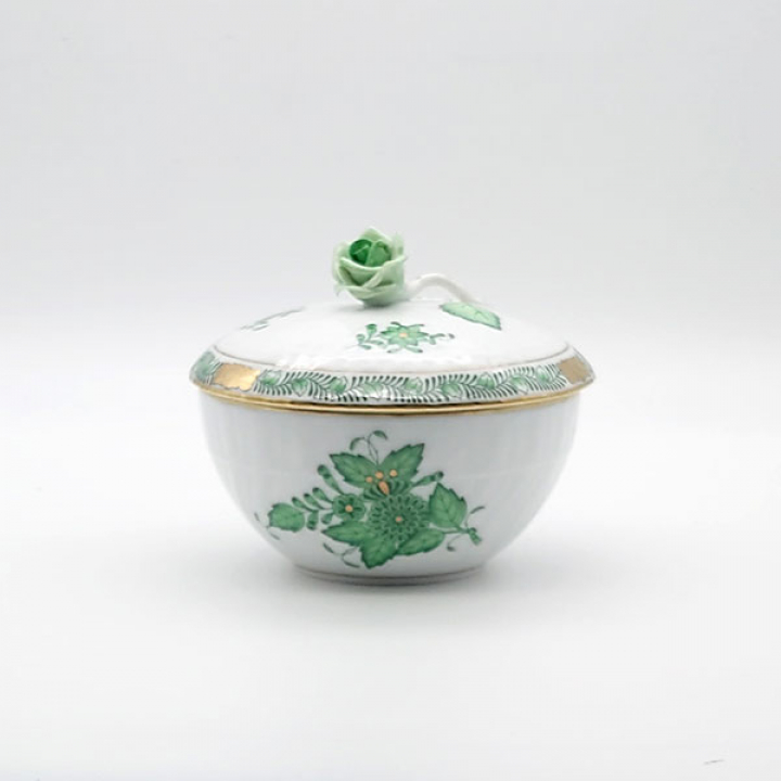【倉庫取り寄せ商品】ヘレンド アポニーグリーン ボール蓋付10cm 薔薇 AV-1475-0-09